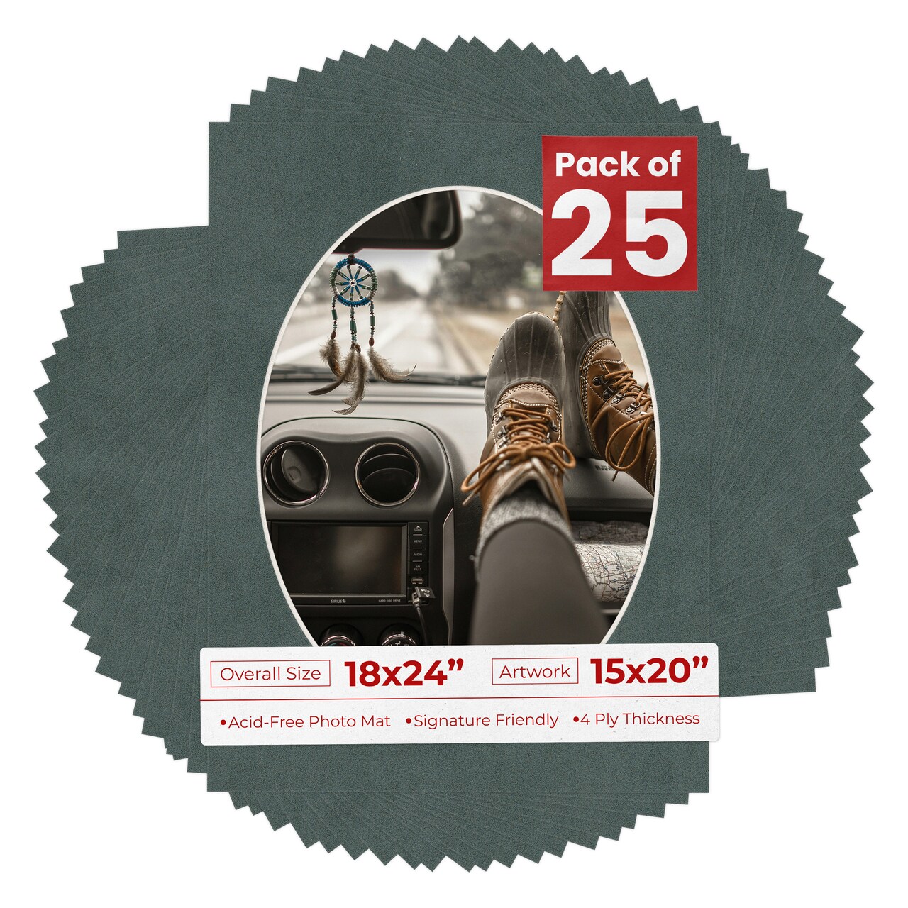 Dark Grey Suede Mat Board for 18x24 Frames - Oval Opening for 15x20 Photos